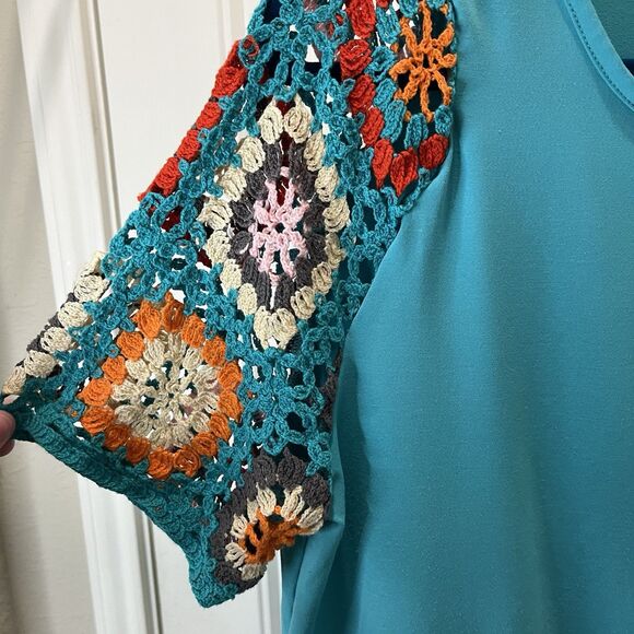 Womens Teal Blue Crochet Sleeve Boho Top Blouse Size L - Picture 2 of 7